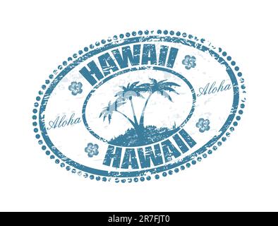 Timbro in gomma grunge blu con la forma delle palme e il nome delle isole Hawaii scritto all'interno del timbro Illustrazione Vettoriale