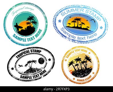Set di francobolli estivi tropicali grunge e con spazio per il testo all'interno Illustrazione Vettoriale