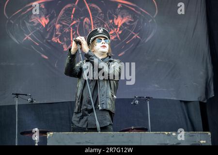 Solvesborg, Svezia. 07th, giugno 2023. La band svedese Deathstars si esibisce in un concerto dal vivo durante il festival di musica svedese Swedish Rock Festival 2023 a Solvesborg. Qui il cantante Whiplasher Bernadotte è visto dal vivo sul palco. (Photo credit: Gonzales Photo - Terje Dokken). Foto Stock