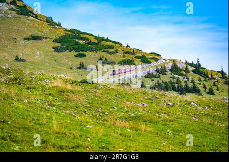 Vista sui treni e le ferrovie di Schafberg. SCHAFBERGBAHN treno a cremagliera che parte da St. Wolfgang su Schafberg, Austria. Foto Stock