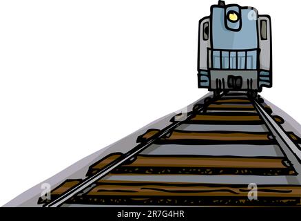 Cartone animato di una locomotiva diesel in arrivo con faro sui binari. Illustrazione Vettoriale