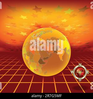 Sfondo astratto con globo e bussola sul paesaggio rosso sfondo Illustrazione Vettoriale