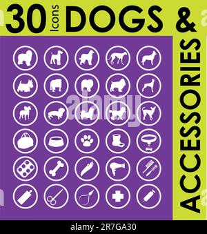 sagome di diverse razze di cani e set di accessori Illustrazione Vettoriale