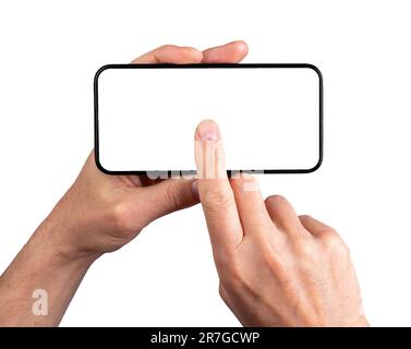 Tenere lo smartphone, fare clic su un mockup a schermo vuoto, toccare al centro del display del telefono cellulare per riprodurre il video, isolato su sfondo bianco. Foto Stock