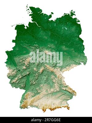 Germania. Rappresentazione 3D dettagliata di una mappa a rilievo ombreggiata con fiumi e laghi. Colorato dall'elevazione. Sfondo bianco. Creato con i dati satellitari. Foto Stock