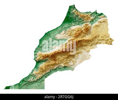 Marocco. Rappresentazione 3D dettagliata di una mappa a rilievo ombreggiata con fiumi e laghi. Colorato dall'elevazione. Sfondo bianco. Creato con i dati satellitari. Foto Stock