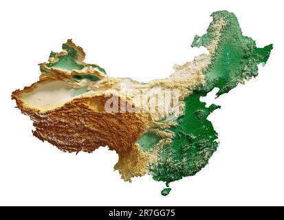 Cina. Rappresentazione 3D dettagliata di una mappa a rilievo ombreggiata con fiumi e laghi. Colorato dall'elevazione. Sfondo bianco. Creato con i dati satellitari. Foto Stock