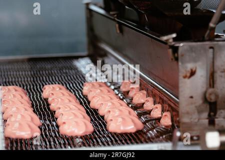 Processo di vetratura del cioccolato Zephyrs in pasticceria su trasportatore. Linea di produzione Marshmallow. Foto Stock