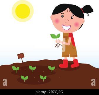 Piccola ragazza dell'agricoltura sul campo con piante verdi. Illustrazione vettoriale. Illustrazione Vettoriale