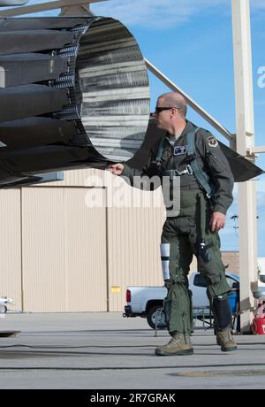 Il Lt. Martin Meyer, direttore del test di volo presso il Gruppo di manutenzione e rigenerazione aerospaziale, ispeziona un F-16 Fighting Falcon ricostruito, prima di volare l'aereo a Cecil Field, Jacksonville, fl., per essere modificato in un obiettivo aereo QF-16 senza equipaggio. (STATI UNITI Foto Air Force di Tech. Perry Aston) il QF-16 FSAT è stato sviluppato da Boeing per l'US Air Force (USAF). Si tratta di una piattaforma modificata del vecchio F-16, ritirato dal servizio dell'USAF. La FSAT consente ai combattenti di guerra degli Stati Uniti di valutare armi e tattiche di recente sviluppo. Foto Stock