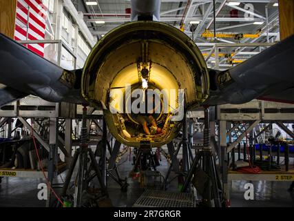 I manutentori del 309th Aerospace Maintenance and Regeneration Group della base aeronautica Davis-Monthan, Ariz., rinnovano un F-16 Fighting Falcon per essere degni di volare prima di volare a Cecil Field, Jacksonville, Florida. Da convertire in un obiettivo aereo QF-16 senza equipaggio. (STATI UNITI Foto Air Force di Tech. Perry Aston) il QF-16 FSAT è stato sviluppato da Boeing per l'US Air Force (USAF). Si tratta di una piattaforma modificata del vecchio F-16, ritirato dal servizio dell'USAF. La FSAT consente ai combattenti di guerra degli Stati Uniti di valutare armi e tattiche di recente sviluppo. Foto Stock