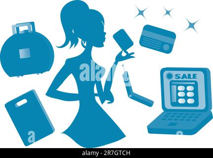 Le icone della silhouette per lo shopping online Girls sono vettoriali Illustrazione Vettoriale