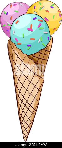 Cono gelato con palle multicolore. Illustrazione del vettore cartoon. Illustrazione Vettoriale