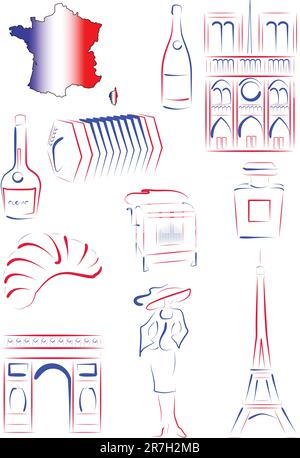 Set of vector drawn stylized sights and symbols of France Stock Vector