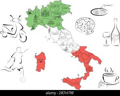 Mappa vettoriale dell'Italia divisa per regioni con le principali attrazioni di ciascuna regione. Illustrazione Vettoriale