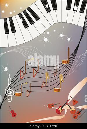 Schema musicale con pianoforte tastiera e note fatte di diversi strumenti musicali. Illustrazione Vettoriale