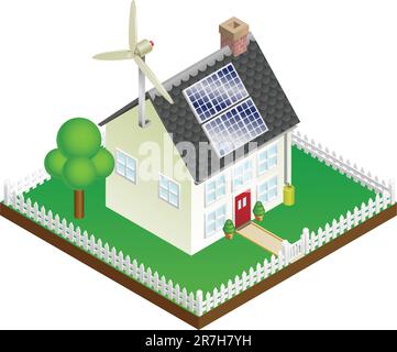 Una illustrazione di una sostenibile Energia rinnovabile casa con i pannelli solari e la turbina eolica Illustrazione Vettoriale