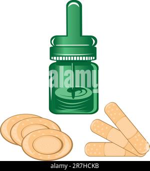 Una bottiglia di gocce nasali con cerotti isolato su uno sfondo bianco Illustrazione Vettoriale