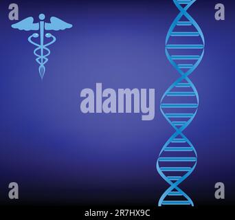 Filamento di DNA con caduceus su blu scuro Illustrazione Vettoriale