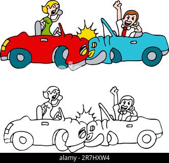 Una immagine di una due persone si infrangono le loro auto mentre si parla su telefoni cellulari. Illustrazione Vettoriale