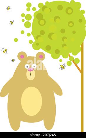 simpatico e carino orso e sotto gli alberi Illustrazione Vettoriale