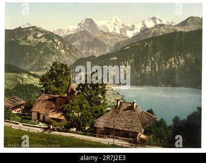 La chiesa e il lago di Thun, Beatenberg, Interlaken, Berna, Svizzera 1890. Foto Stock