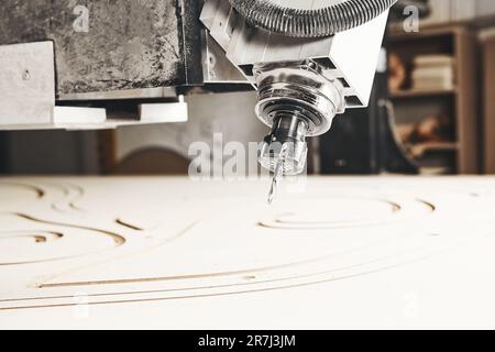 La macchina per la lavorazione del legno a controllo numerico taglia linee complesse arrotondate sulla tela. Controllo numerico del calcolatore. CNC. Foto Stock