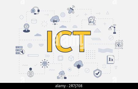 concetto di tecnologia dell'informazione e della comunicazione ict con icone impostate con parole grandi o testo sull'illustrazione vettoriale centrale Foto Stock