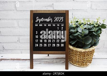 Settembre 2023 calendario mensile con decorazione a foglia verde su sfondo in legno Foto Stock