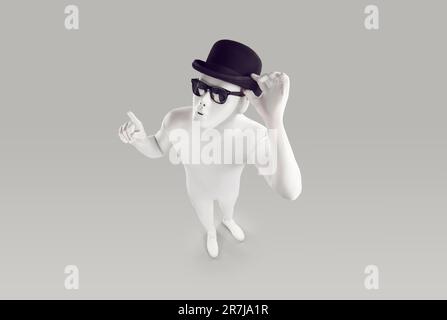 Ritratto di una persona irriconoscibile senza volto che indossa cappello nero e occhiali in costume spandex bianco Foto Stock