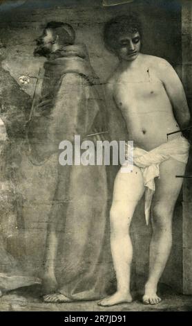 St Sebastian, particolare della Madonna col Bambino in Gloria con i Santi, dipinto dell'artista italiano Tiziano, Città del Vaticano 1900s Foto Stock