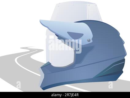 Il casco casco da moto e un cavaliere su uno sfondo che si inerpica in lontananza dalla strada. Illustrazione Vettoriale