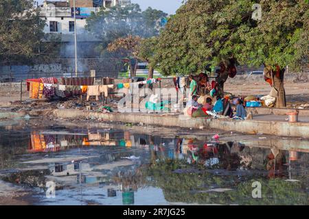 Delhi, India - 17 novembre 2011: Le famiglie povere senza tetto vivono al Meena Bazaar nella zona Chandni Chowk a Nuova Delhi, India ad un bacino di acqua sporca. Foto Stock