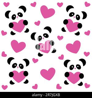 modello per il giorno dell'amore: panda amorosi e cuori rosa su sfondo bianco Illustrazione Vettoriale