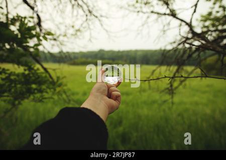 Una donna che tiene una palla di vetro contro gli alberi verdi in Ontario, Canada Foto Stock