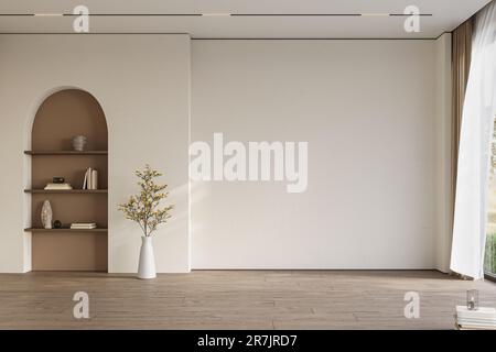 Intimi interni di casa in colori pastello chiari con pavimento in legno duro e parete ad arco Foto Stock