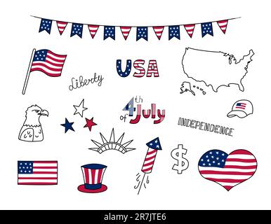 USA Doodles set. Elementi di disegno vettoriale degli Stati Uniti d'America isolati su sfondo bianco. Collezione di simboli nazionali statunitensi. Giornata dell'indipendenza. Em Illustrazione Vettoriale