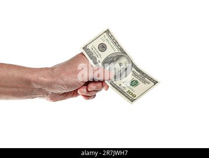 La mano degli uomini che tiene conto di $100 dollari isolato su fondo bianco. Cento dollari di fattura in mano di uomo a pagare e dare Foto Stock