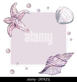 Cornice quadrata con conchiglie, stelle marine e perle nei colori rosa e lilla. Illustrazione ad acquerello, isolare su sfondo bianco. Mare, vacanza Foto Stock