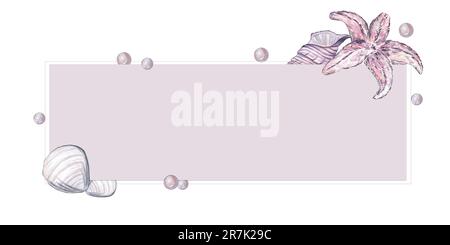 Cornice rettangolare in grigio con conchiglie, stelle marine e perle, rosa e lilla. Illustrazione ad acquerello, isolare su sfondo bianco. Mare, vacanza Foto Stock