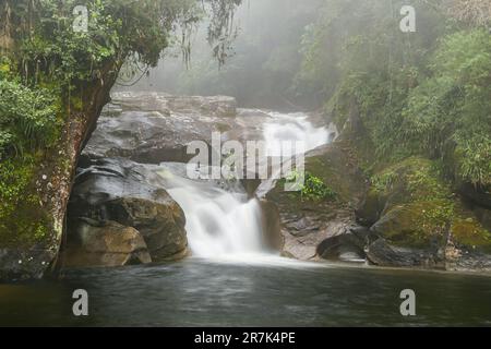 Cascate panoramiche che conducono in una piscina nella nebbia foresta atlantica, Itaitiaia, Brasile Foto Stock