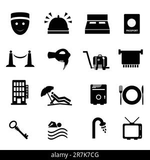 Set di icone articoli per hotel e viaggi Illustrazione Vettoriale
