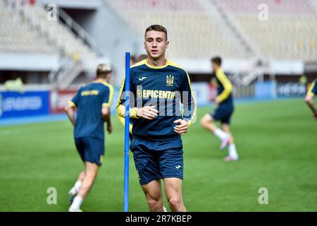 Non esclusiva: SKOPJE, NORD MACEDONIA - 15 GIUGNO 2023 - il Forward Vladyslav Vanat dell'Ucraina è raffigurato durante una sessione di allenamento in vista di una partita aga Foto Stock