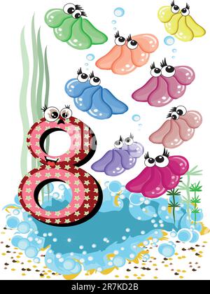 Serie di animali marini e numeri per bambini, da 0 a 10 -,8,conchiglie Illustrazione Vettoriale