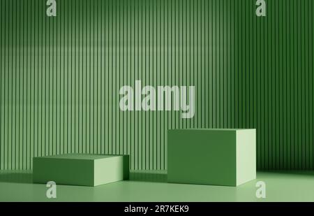 Podium prodotto - due podium quadrati verdi, sfondo verde drammatico. 3D Illustrazione Foto Stock