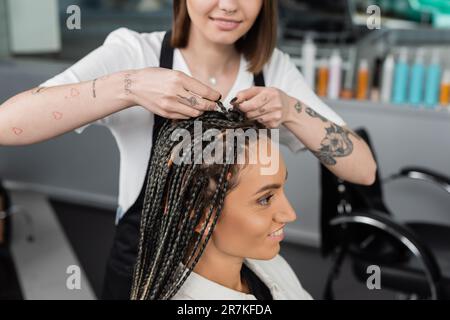 industria della bellezza, trecce, parrucchieri tatuati capelli di donna in salone, processo di treccia, cliente salone, professione di bellezza, soddisfazione del cliente Foto Stock