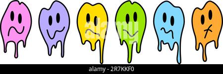 Set di volti colorati Smile Melt. Cartoon trippy smiley collezione di illustrazioni. Elemento di design per stampe, poster, adesivi. Vettore Illustrazione Vettoriale