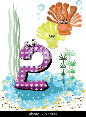 Serie di animali marini e numeri per bambini, da 0 a 10 - 2 coralli Illustrazione Vettoriale