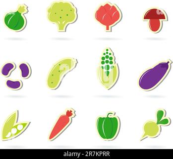 Icona 12 raccolta di diversi vegetali, cibo sano. Vettore Illustrazione Vettoriale