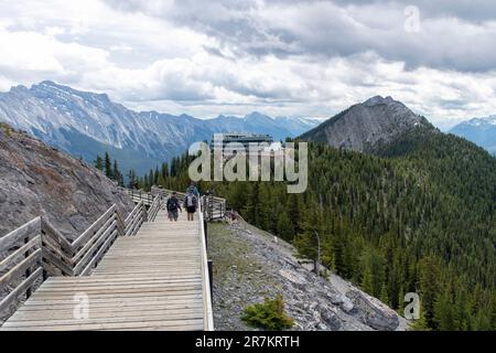 Banff, AB, Canada-Agosto 2022; Vista panoramica dalla cima del Monte Sulphur e le passerelle verso il Terminal superiore della Gondola di Banff con surroundin Foto Stock